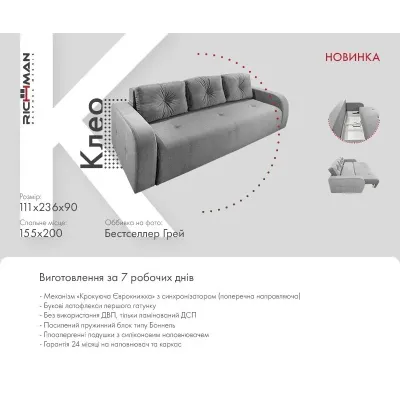 Двоспальний Ортопедичний Диван Richman Cleo 111 x 236 x 90H Bestseller Сірий Двоспальний Ортопедичний Диван Richman Cleo 111 x 236 x 90H Bestseller Сірий