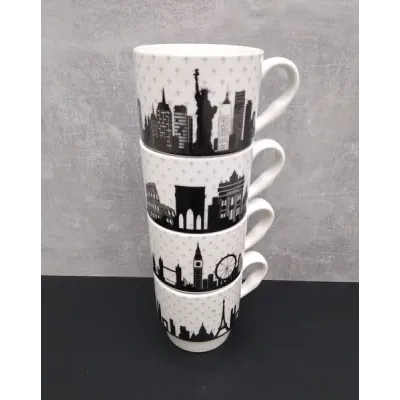 Набір чашок для чаю та кави 4 шт ST Towns 320 мл фарфоровий у стійці білий (021-04-05)