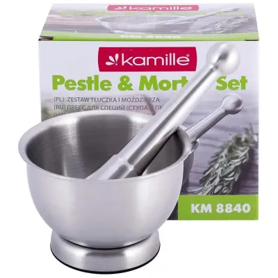 Ступа из нержавеющей стали диаметр 12.5х8.5х8см со стальным пестиком Kamille DP38466