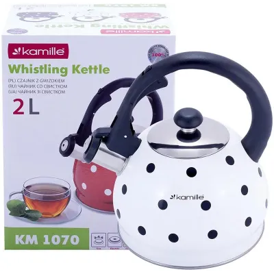 Чайник 2л из нержавеющей стали со свистком в горошек белый Kamille DP112953