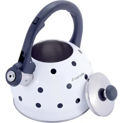 Чайник 2л из нержавеющей стали со свистком в горошек белый Kamille DP112953