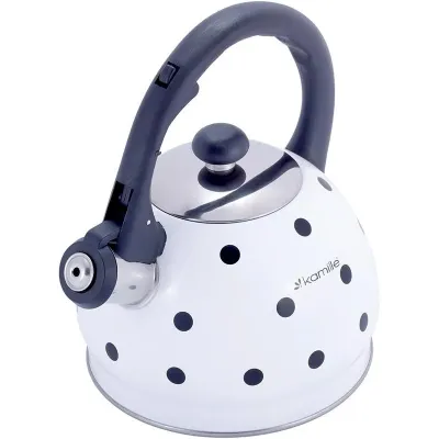 Чайник 2л из нержавеющей стали со свистком в горошек белый Kamille DP112953