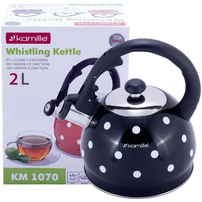 Чайник 2л из нержавеющей стали со свистком в горошек черный Kamille DP112954 Чайник 2л из нержавеющей стали со свистком в горошек черный Kamille DP112954