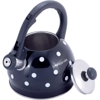 Чайник 2л из нержавеющей стали со свистком в горошек черный Kamille DP112954 Чайник 2л из нержавеющей стали со свистком в горошек черный Kamille DP112954