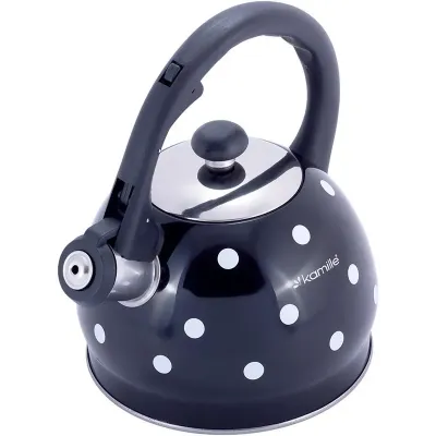 Чайник 2л из нержавеющей стали со свистком в горошек черный Kamille DP112954
