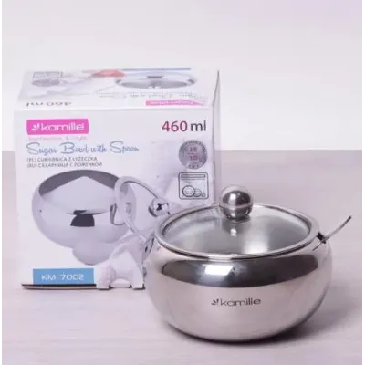 Цукорниця 460мл нержавійка з ложкою і скляною кришкою Kamille DP41380