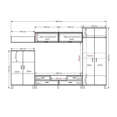 Стенка в гостиную Тиса Мебель Гостиная-1 Венге Белый 2050x520x3600 мм