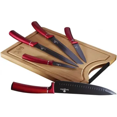 Набор из 6 ножей с бамбуковой разделочной доской Berlinger Haus Metallic Line Burgundy Edition (BH-2552)