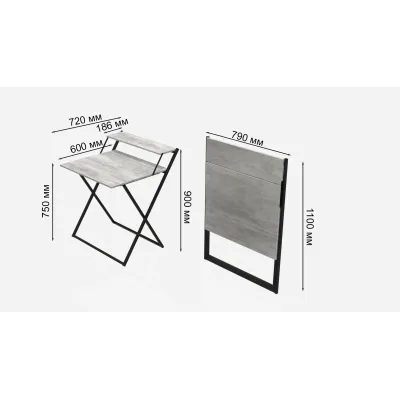Стол трансформер Компакт 2 Ferrum-decor 750x790x720 Черный металл ДСП Бетон 16 мм (KOM207)