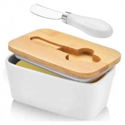 Маслянка з ножем керамічна біла з бамбуковою кришкою No Brand Cooking House 650 мл Білий (hub_c6ebcp)