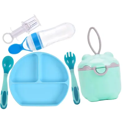 Набор 2Life Y9 силиконовая тарелка, ложка, контейнеры-снеки, шприц-дозатор, бутылка-ложка Голубой (vol-10026)