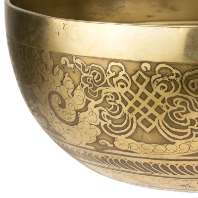 Тибетская поющая чаша Singing bowl Мантра и пламя снаружи Раковина внутри Холодная ковка 24/24/10,8 см Бронзовый (27414) Тибетская поющая чаша Singing bowl Мантра и пламя снаружи Раковина внутри Холодная ковка 24/24/10,8 см Бронзовый (27414)