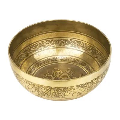 Тибетская поющая чаша Singing bowl Мантра и пламя снаружи Раковина внутри Холодная ковка 24/24/10,8 см Бронзовый (27414) Тибетская поющая чаша Singing bowl Мантра и пламя снаружи Раковина внутри Холодная ковка 24/24/10,8 см Бронзовый (27414)