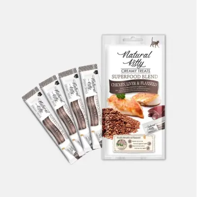 Natural Kitty  Крем-снек для кошек со вкусом курицы печени и семени льна Pettric 4х12г