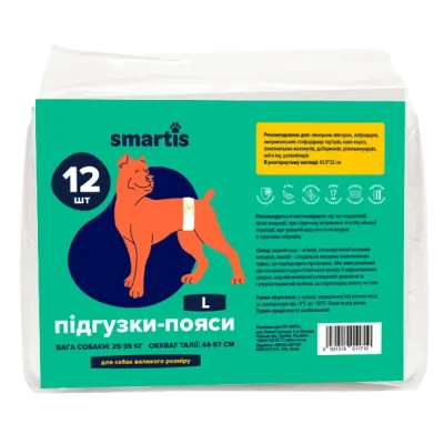 Подгузники Smartis L 12 шт для ежедневного использования 62x22 см пояс для собак Подгузники Smartis L 12 шт для ежедневного использования 62x22 см пояс для собак