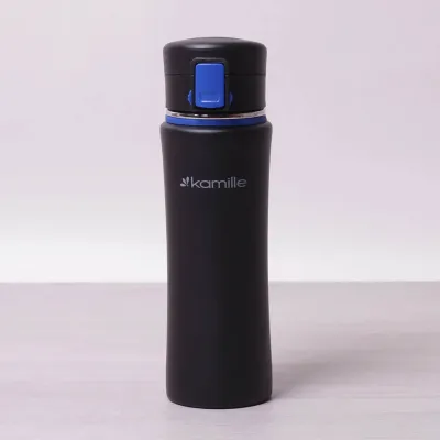 Термос-пляшка Kamille 500 мл спортивна з нержавіючої сталі чорний/синій КМ-2066