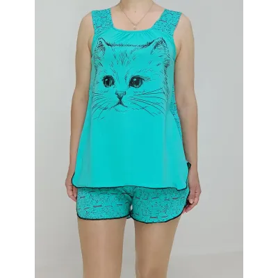 Пижама женская трикотажная Котики майка шорты 44-46 Бирюзовый (52049174-1)