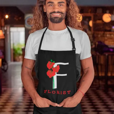 Фартук черный кухонный с принтом для флориста F - florist Ф - флорист Красные маки ФА000758 Кавун 68 см