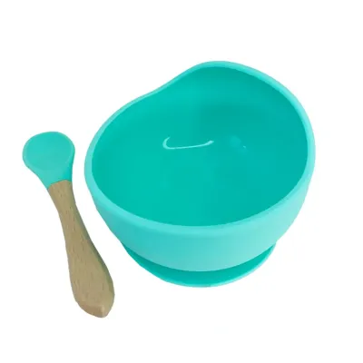 Силіконова тарілка на присосці з дерев'яною ложкою Mega Zayka MGZ-0103 (Turquoise) 300 мл