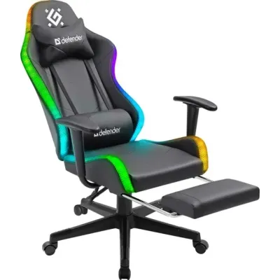 Геймерское кресло Defender Watcher полиуритановое с RGB подсветкой и подножкой Черный