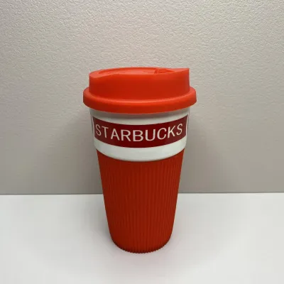 Стакан керамічний із силіконовою кришкою UKC 400 мл Starbucks 9703 червоний з білим