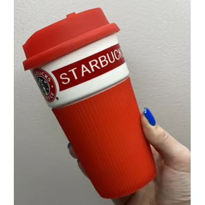 Стакан керамічний із силіконовою кришкою UKC 400 мл Starbucks 9703 червоний з білим