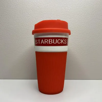 Стакан керамічний із силіконовою кришкою UKC 400 мл Starbucks 9703 червоний з білим