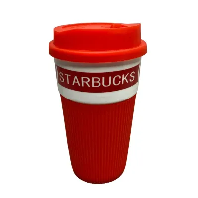 Стакан керамічний із силіконовою кришкою UKC 400 мл Starbucks 9703 червоний з білим