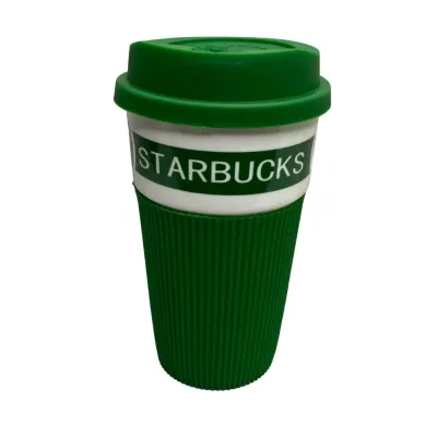 Стакан керамический с силиконовой крышкой UKC 400 мл Starbucks 9703 зеленый с белым
