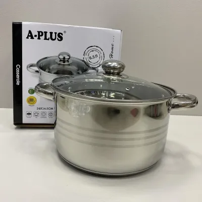 Кастрюля из нержавеющей стали 6.5 л со стеклянной крышкой A-PLUS 2169