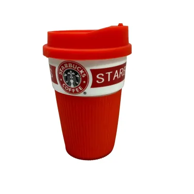 Стакан керамический с силиконовой крышкой UKC 360 мл Starbucks 9702 красный с белым