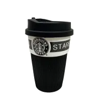 Стакан керамічний із силіконовою кришкою UKC 360 мл Starbucks 9702 чорний з білим Стакан керамічний із силіконовою кришкою UKC 360 мл Starbucks 9702 чорний з білим