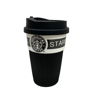 Стакан керамический с силиконовой крышкой UKC 360 мл Starbucks 9702 черный с белым