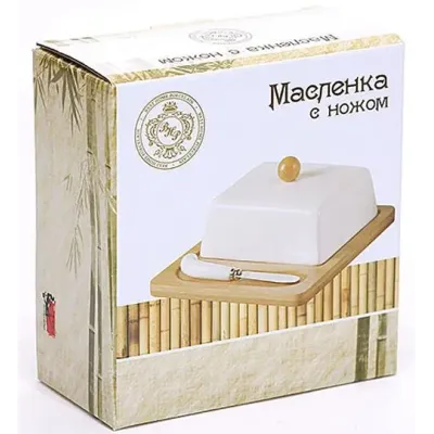 Маслянка BonaDi Ceram-Bamboo з бамбуковим блюдцем і ножем для масла 14.5х14.5х8 см Біло-бежевий DP66899