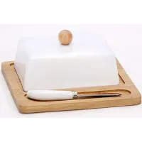 Маслянка BonaDi Ceram-Bamboo з бамбуковим блюдцем і ножем для масла 14.5х14.5х8 см Біло-бежевий DP66899