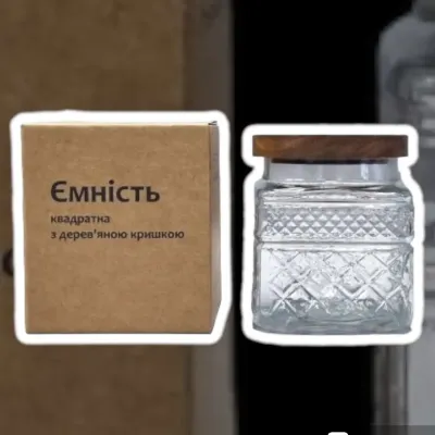 Ємність скляна SNT із дерев'яною кришкою 1 л квадрат Прозорий Ємність скляна SNT із дерев'яною кришкою 1 л квадрат Прозорий