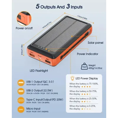 Зарядний пристрій на сонячних батареях No Brand Powerbank 20000 mAh із ліхтариком (2431313731) Зарядний пристрій на сонячних батареях No Brand Powerbank 20000 mAh із ліхтариком (2431313731)