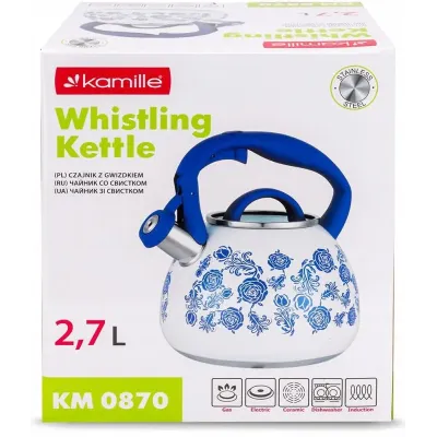 Чайник для плити Flower field із нержавіючої сталі 2,7л white with blue Kamille DP262118 Чайник для плити Flower field із нержавіючої сталі 2,7л white with blue Kamille DP262118
