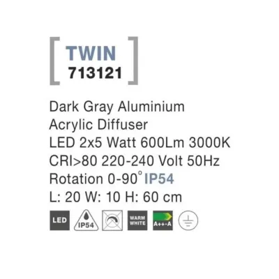 Вуличний світильник Nova Luce Twin 20x10x60 см Сірий (Nova713121)