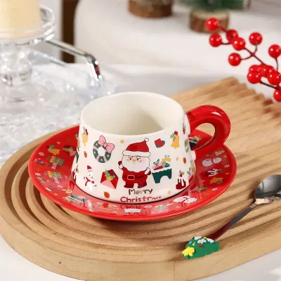Чашка с блюдцем и ложкой Lesko Merry Christmass Санта-Клаус JJX005 300 мл Красный (13846-90447)