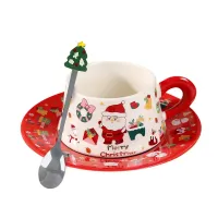 Чашка з блюдцем та ложкою Lesko Merry Christmass Санта-Клаус JJX005 300 мл Червоний (13846-90447)