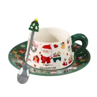 Чашка с блюдцем и ложкой Lesko Merry Christmass Санта-Клаус JJX005 300 мл Зеленый (13846-90453)