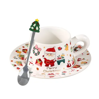 Чашка із блюдцем та ложечкою Lesko Merry Christmass Санта-Клаус JJX005 300 мл Білий (13846-90454)