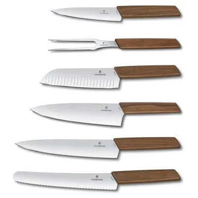 Кухонний набір із підставкою Victorinox Swiss Modern Cutlery Block 6 предметів Коричневий (6.7186.6) Кухонний набір із підставкою Victorinox Swiss Modern Cutlery Block 6 предметів Коричневий (6.7186.6)