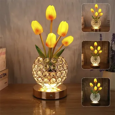 Настільна лампа LED нічник Lesko Tulips Crystal SJP0723002 Жовтий (14482-96609)